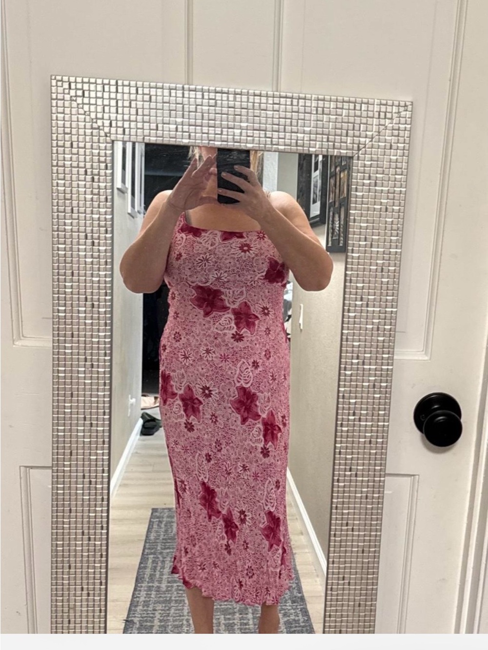 Angie Pink Floral Slip Midi Dress with Magenta Blooms